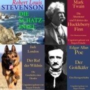 Cover-Bild zum Titel 'Die Abenteuer Box: 4 Hörbuch-Klassiker' von 'Jack London, Edgar Allan Poe, Robert Louis Stevenson, Mark Twain'