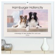 Hamburger Hafencity - Unterwegs mit den Shelties Finn und Louis (hochwertiger Premium Wandkalender 2026 DIN A2 quer), Kunstdruck in Hochglanz - Sonja Teßen