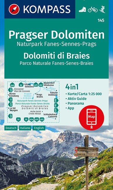 KOMPASS Wanderkarte 145 Pragser Dolomiten, Naturpark Fanes-Sennes-Prags, Dolomiti di Braies, Parco Naturale Fanes-Senes-Braies - 
