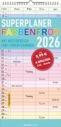 Cover-Bild zum Titel 'Superplaner Farbenfroh 2026 mit 4 Spalten - Familien-Timer 22x45 cm - Offset-Papier - mit Ferienterminen - Wand-Planer - Familienkalender - Alpha Edition' von ''